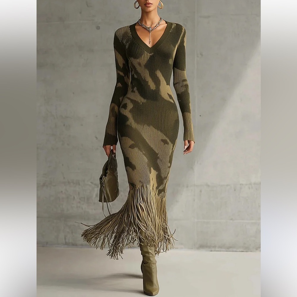 Yohers Olive Camo Knit V-Neck Fringe Hem Bodycon Dress Midi Camoflauge Small NWT